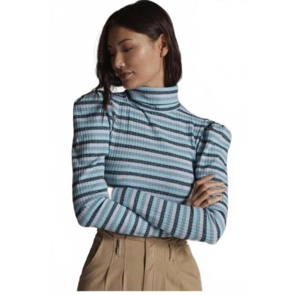 Maeve, Striped Ribbed Turtleneck Top with Puff Shoulders, Size X-Small